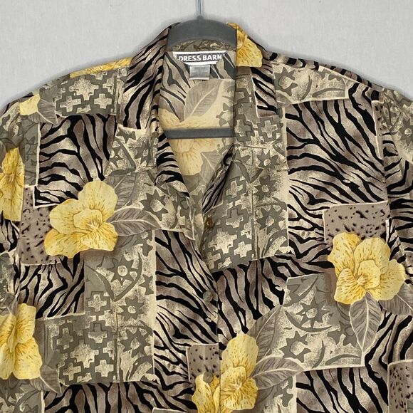 Dress Barn Silk Blouse Womens Large Black Yellow Green Floral Animal Print - Picture 2 of 9